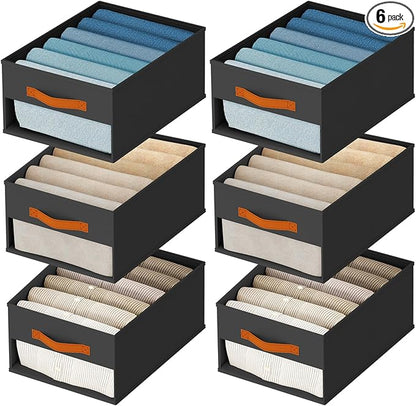 Homsorout Drawer Organizers and Storage - 6 Pack Foldable Pants Organizer with Clear Window & Handles, Fabric Closet Organizer for Clothes, Jeans, Sweaters, Towels, T-shirt, Scarf (Black)