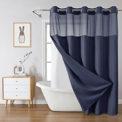 Navy No Hook Waffle Weave Shower Curtain with snap-in Liner Replacement, 230GSM Waterproof Fabric Hotel Shower Curtain Set for Bathroom, Through Mesh Top Window,71Wx77H