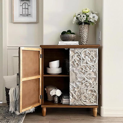 Sophia & William Accent Cabinet with Doors, Distressed Decorative Storage Cabinet with Wood Frame and Silver Embossed Pattern for Entryway Living Room