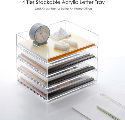 SANRUI Stackable 4-Tier Acrylic Desk Organizer, Clear Paper Letter Tray, Space-Saving Document File Holder for Home Office Workspace