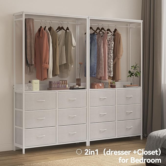 6 Dresser Drawer with Hanging Rack, 2-in-1Tall Dresser for Bedroom/Closet, Fabric Dressers & Chests of Drawers, Sturdy Alloy Steel Frame, Space Saving Closet Organizer