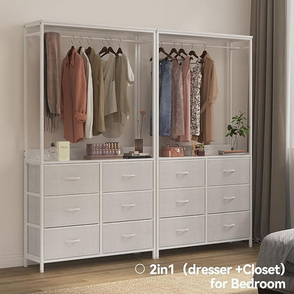 6 Dresser Drawer with Hanging Rack, 2-in-1Tall Dresser for Bedroom/Closet, Fabric Dressers & Chests of Drawers, Sturdy Alloy Steel Frame, Space Saving Closet Organizer