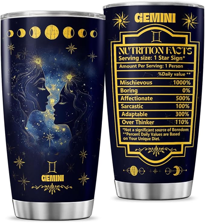 Gemini Zodiac Gift 20oz Stainless Steel Insulated Tumbler, Astrology Constellation Cup with Funny Nutrition Facts, Horoscope Themed Travel Mug for Women Men