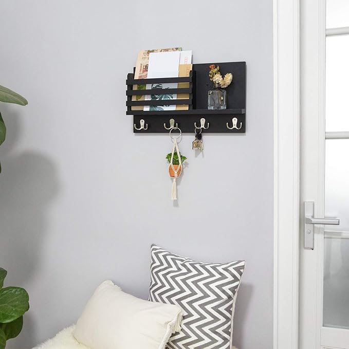 Dahey Wall Mounted Mail Holder Wooden Key Holder Rack Mail Sorter Organizer with 4 Double Key Hooks and A Floating Shelf Rustic Home Decor for Entryway or Mudroom,15.7" W x9.3 Hx3.2 D, Black