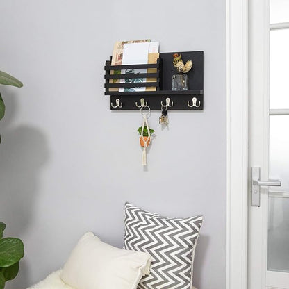 Dahey Wall Mounted Mail Holder Wooden Key Holder Rack Mail Sorter Organizer with 4 Double Key Hooks and A Floating Shelf Rustic Home Decor for Entryway or Mudroom,15.7" W x9.3 Hx3.2 D, Black