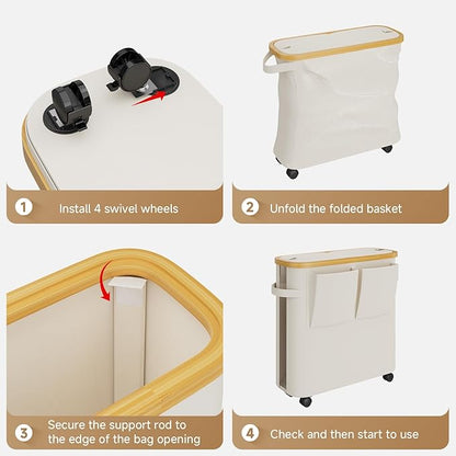 VITVITI Toilet Paper Storage Basket with Lid, Bathroom Toilet Paper Holder Organizer for 9-12 Rolls Large Capacity, Foldable Fabric Bamboo Toilet Paper Container with Pockets, Medium (Beige)