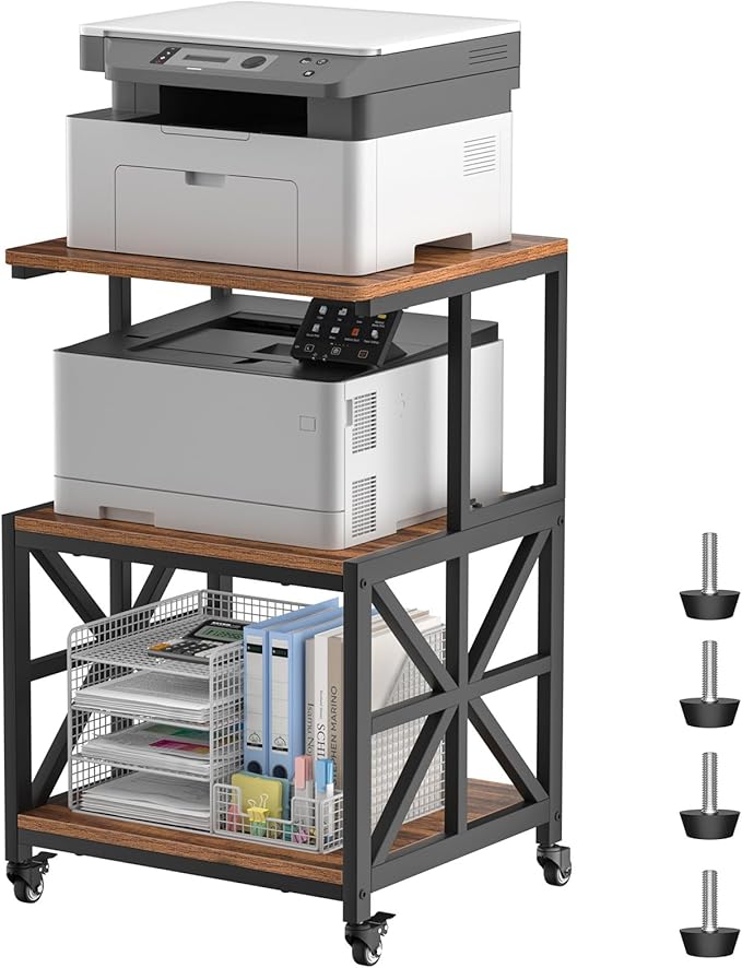 GreenForest Printer Stand with Lockable Wheels, Heavy Duty Printer Table | 3-Tier Storage Shelf, Fit 2-3 Printers/3d/Heat Press/Laser, Rolling Cart for Home Office, Small Spaces, 19.7"x17.7", Walnut