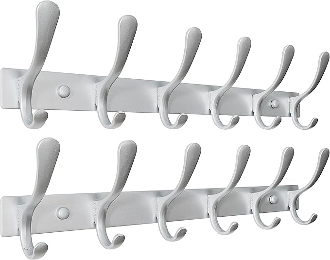 SKOLOO Coat Rack Wall Mounted - 6 Hooks, Pack of 2, Heavy Duty, Stainless Steel, Metal Wall Hanger, Sturdy Coat Hooks for Hanging Coats, Jacket, Clothes, Hat, Cold Light Silver