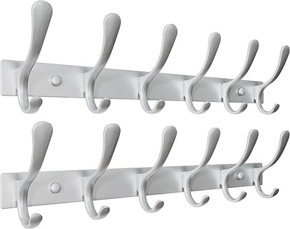 SKOLOO Coat Rack Wall Mounted - 6 Hooks, Pack of 2, Heavy Duty, Stainless Steel, Metal Wall Hanger, Sturdy Coat Hooks for Hanging Coats, Jacket, Clothes, Hat, Cold Light Silver