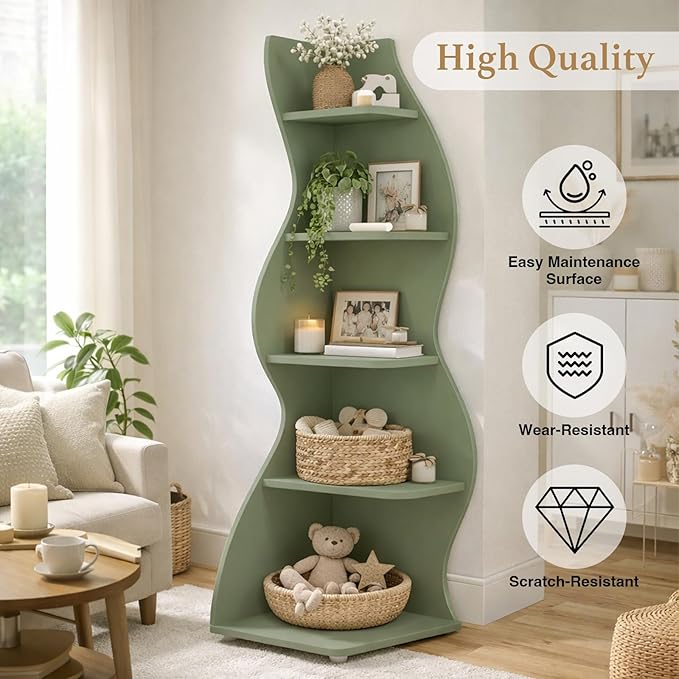 Arvolia 70 Inch Corner Bookshelf, Modern 5-Tier Small Bookshelf with Unique Curved Design, Freestanding Vertical Storage Shelf for Living Room, Bedroom or Home Office (Sage Green)