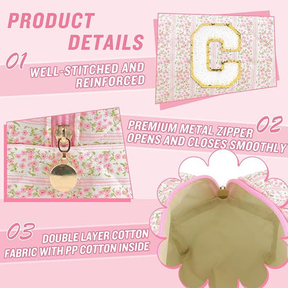 Personalized Quilted Cosmetic Bag, Puffy Monogrammed Christmas Birthday Gifts for Women & Girls, Cute initial Floral Makeup Bag Puffer Coquette Bag, Aesthetic Travel Toiletry Zipper Pouch(Pink,C)