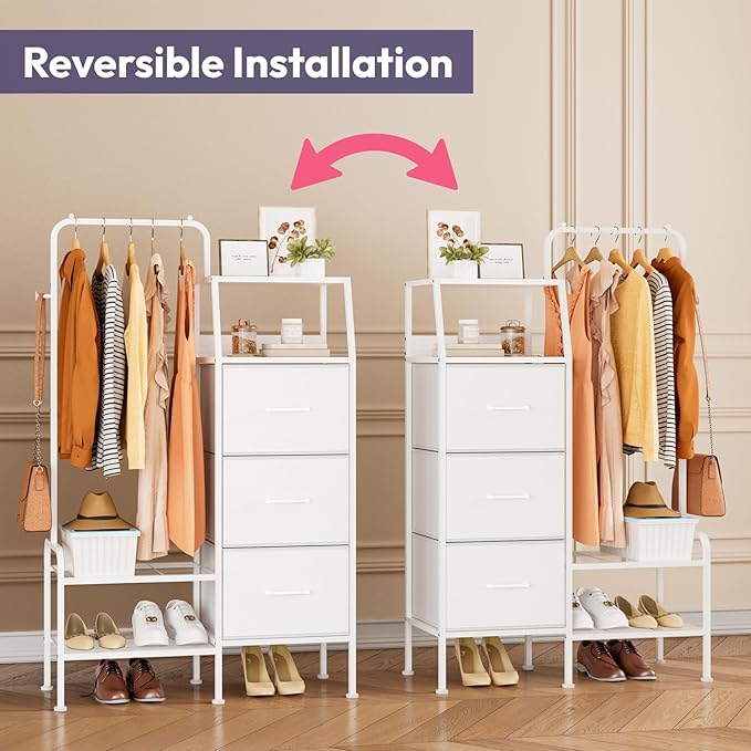SWTYMIKI Dresser with Hanging Rack - 3 Fabric Drawers Kids Dresser for Bedroom - Reversible Tall Storage Tower, Small Space Clothes Storage Organizer Cabinet for Apartment, Dorm 49.21''H, White
