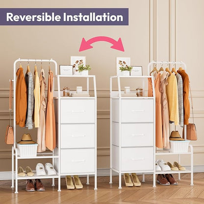 SWTYMIKI Dresser with Hanging Rack - 3 Fabric Drawers Kids Dresser for Bedroom - Reversible Tall Storage Tower, Small Space Clothes Storage Organizer Cabinet for Apartment, Dorm 49.21''H, White