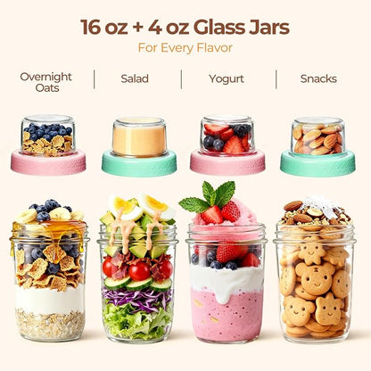 ComSaf Overnight Oats Containers with Lids (16oz+4oz, 6Pcs), Dual-Layer Chia Pudding Jars with Dry and Wet Separation, Yogurt Parfait Cups for Oatmeal Cereal Nut Fruit, Meal Prep Glass Jars for Salad