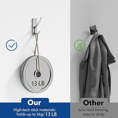 pickpiff Silver Self Adhesive Coat Hooks for Hanging: 13LB Extra Strong Stainless Wall Hook for Towel, Utensil, Backpack, Hat, Sturdy Metal Hanger for Bathroom, Kitchen, Door, 4-Pack