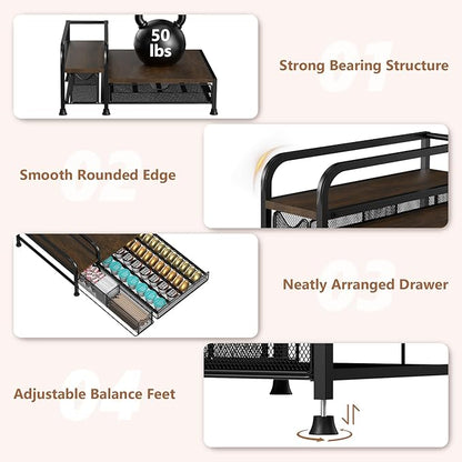 Coffee Bar Organizer with Pod Holder Drawer, 4 Syrup Bottle 40 Pods Capacity for Nespresso, Coffee Station Organizer for Most Single-Serve Brewers, Countertop K Cup Holder for Kitchen Cafe Office