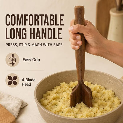 Teak Wooden Meat Chopper 3-Piece Set, Ground Beef Masher,Burger Crusher, Natural Non-Stick Durable Meat Hammer, Includes Wooden Scraper and Cleaning Brush