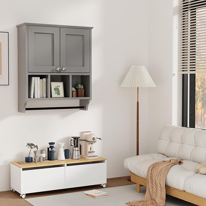 Over-The-Toilet Bathroom Storage Cabinet with Towel Bar, Space-Saving Wall Mounted Medicine Cabinet, 2 Doors & 1 Adjustable Shelf, Easy Install Grey Finish for Bathroom, Kitchen, Living Room