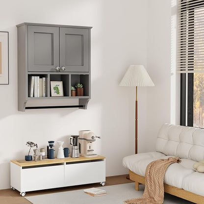 Over-The-Toilet Bathroom Storage Cabinet with Towel Bar, Space-Saving Wall Mounted Medicine Cabinet, 2 Doors & 1 Adjustable Shelf, Easy Install Grey Finish for Bathroom, Kitchen, Living Room