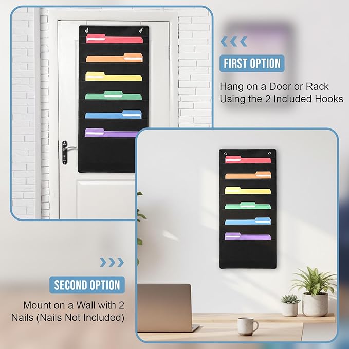 10 Pack Hanging Wall File Organizer, 60 Pockets Storage Pocket Chart, 20 Metal Hangers Included, Versatile Hanging Paper File Folder for Classroom Mailbox Office Home, 30.7 x 14.5 Inch