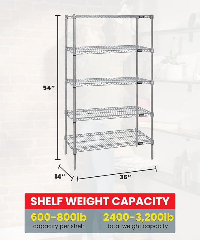 Quantum Storage Systems WR54-1436S-5 Starter Kit Wire Shelves Stainless Steel 5 Shelves 54" H x 36" W x 14" D