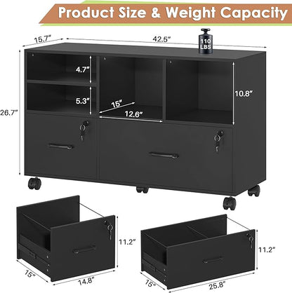 Semoic 2 Drawer Wood Lateral File Cabinet with Lock, Lockable Rolling Filing Cabinet with Adjustable Storage Shelves, Printer Stand Office Storage Cabinet for Home Office Fits Files Legal/A4, Black