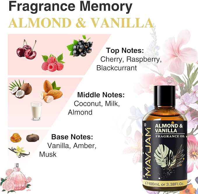 Almond & Vanilla Fragrance Oil Essential Oil, MAYJAM 3.38FL.OZ Almond & Vanilla Oil for Diffusers for Home, Long Lasting Scented Oils for Soap Candle Making - 100ML