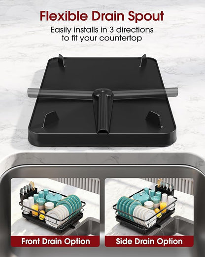 Sakugi Dish Drying Rack - Stainless Steel Dish Rack with Drainboard for Kitchen Counter and Sink, 15.6" D x 12" W x 5" H, Black