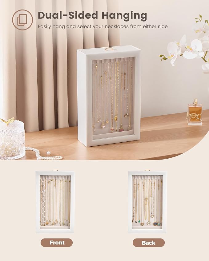 Lolalet Upgraded Double-Sided Hanging Necklace Organizer Box, Jewelry Display Case with Double-Sided Clear Window for Necklaces Bracelets, Tangle-Free Necklace Storage Box, White, 1-Layer 20 Hooks