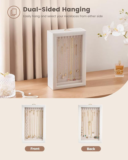 Lolalet Upgraded Double-Sided Hanging Necklace Organizer Box, Jewelry Display Case with Double-Sided Clear Window for Necklaces Bracelets, Tangle-Free Necklace Storage Box, White, 1-Layer 20 Hooks