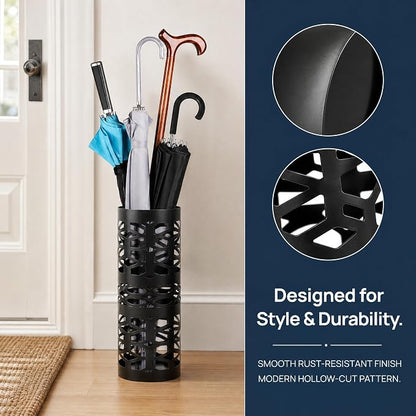ZENFUN Umbrella Stand, Black Metal Umbrella Holder Freestanding, Cane Walk Stick Holder, Round Umbrella Rack for Entryway, Home, Office, 5.9 x 5.9 x 15.7 Inches