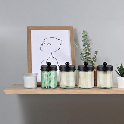 3 Pack Apothecary Jar Canisters Bathroom Vanity Organizer - Qtip Holder Storage Organizer Set Countertop Canister with Stainless Steel Lids &Cute Stickers for Qtips,Cotton Swabs,Makeup Sponges,Floss