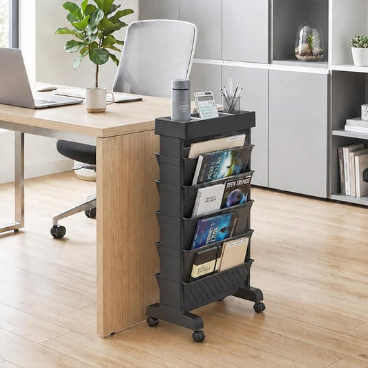 6-Tier Bookshelf, Book Storage Organization with Wheels Mobile Rolling Bookshelves Cart for Home Office Kids’ Study Room School, Black