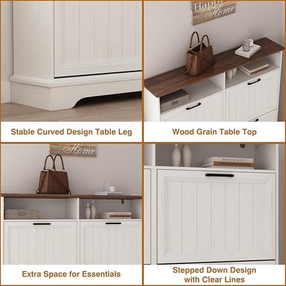 Shoe Storage Cabinet with 4 Flip Drawers, Farmhouse Modern Hidden Shoes Rack Cabinet with Adjustable Shelves & Open Storage, Narrow Slim Shoe Organizer for Front Door Entrance, Entryway, Antique White