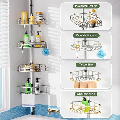 HAMITOR Shower Caddy Tension Pole: 4-Tier Rustproof Bathroom Corner Shelf Organizer for Renter - No Drill Large Shampoo Storage Rack - Adjustable 47-121" - Space Saving Bathtub Accessory - Silver Gray