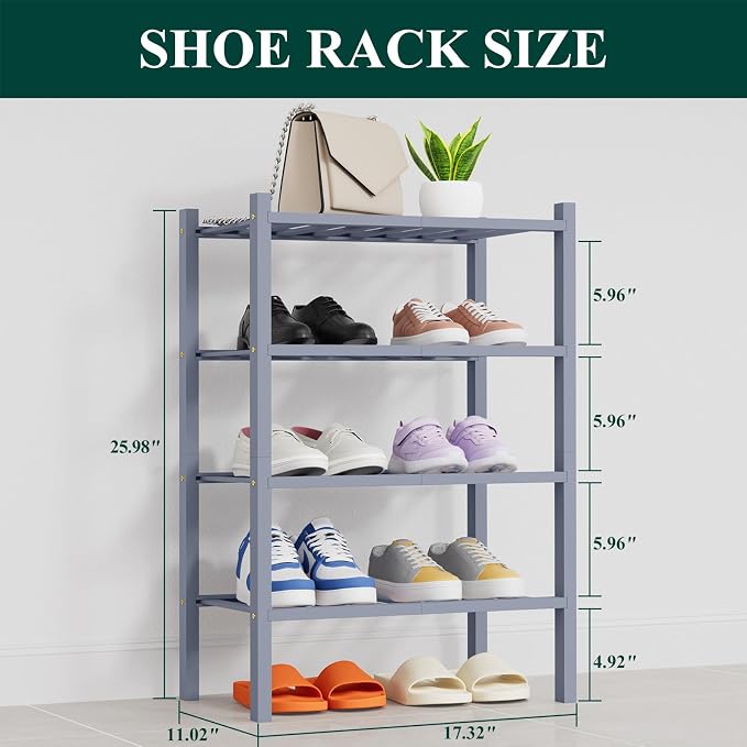 Smiry Small Bamboo Shoe Rack, 4 Tier Free Standing Wooden Shoe Organizer, Stackable Wood Shoe Storage Shelf for Closet, Entryway, 14 Vertical Slats, 2+2 Stack Heavy-Duty Legs, 17.3"x11"x26", Grey
