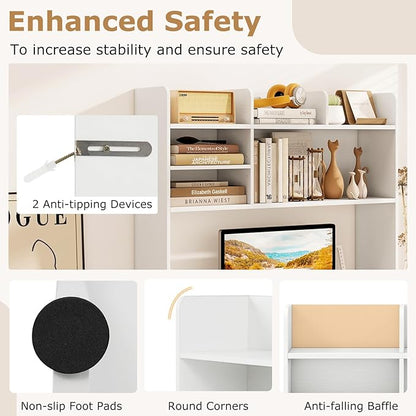 Desk Hutch, Desktop Shelf with 6 Shelves, Desk Bookshelf w/Anti-Toppling Devices, Wood Table Top Bookshelf Organizer, Small Desk Shelf for Study, Office, Dorm (White, 6 Shelves)