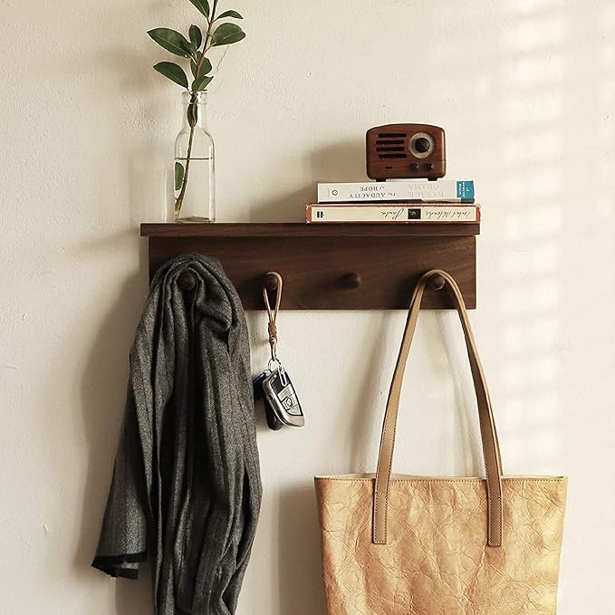 Entrance Coat Rack ，Coat Hooks, Wall-Mounted Wooden Hook Rack, Wall-Mounted Shelves are Very Suitable (Walnut Color Finish—A-1)