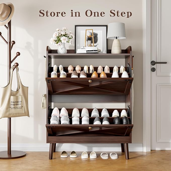 Shoe Storage Cabinet with 2 Flip Drawers & Adjustable Shelves,Narrow Shoe Cabinet Storage with Doors Side Hooks Wooden Shoe Rack Cabinet for Entryway,Hallway,Rustic Brown