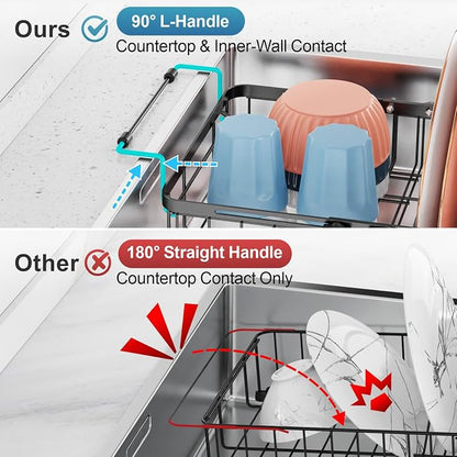 iSPECLE Dish Drying Rack Over the Sink, Expandable Dish Drainer for Small Kitchen, Apartment, RV, Dish Strainer with Utensil Holder and Twist-Lock, Space Saving, Black