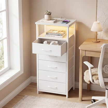 Fixwal Tall Nightstand with Charging Station and LED Lights, Night Stand with PU Finish Fabric Storage Drawers, 5 Drawer Dresser, White