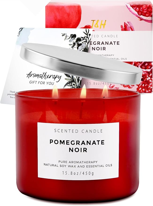 Pomegranate Noir Vanilla 3 Wick Candle | Highly Scented Natural Soy Candle 15.8 oz | Aromatherapy Stress Relief Candle Long Lasting & Clean Burn | Luxury Relaxing Gift for Home, Women & Men