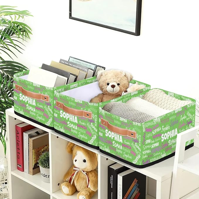 Custom Narrow Storage Basket Name, Personalized Spring Green Organizer Bin for Toys, Books, Clothes, Organizing Small Storage Basket for Bedroom Nursery Livingroom Entryway