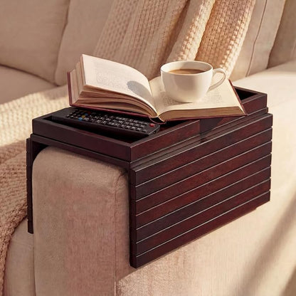 Sofa Arm Tray, Foldable Bamboo Couch Armrest Table with Large 12.5" x 5.8" Storage Compartment, Portable Chair Couch Caddy Arm Tray for Cup TV Snacks Phone (Velvet Mahogany)