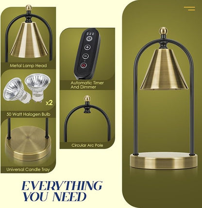 Candle Warmer Lamp with Timer, Electric Brass Light for Dimmable Wax Melts and Candle Jars, Bedroom Lamp Gifts for Women Home Decor (2 Bulbs)