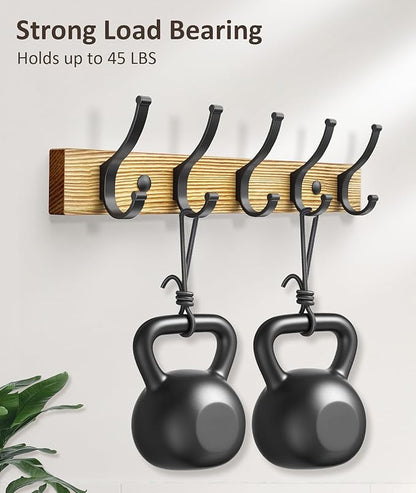 Coat Rack Wall Mount, 16.5 Inches Wood Coat Hooks Wall Mount, Wall Coat Rack with 5 Hooks, Hat Rack Wall Hooks for Hanging Coat, Bag, Towel (2Pack, Natural)