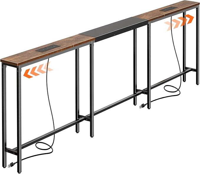 Huuger Narrow Sofa Table with 2 Power Outlets, 110.2-157.5 Inch Adjustable Length, Behind The Couch Table with USB-C Port, Long Entryway Console Table, Anti-tip Kit, for Living Room, Rustic Brown