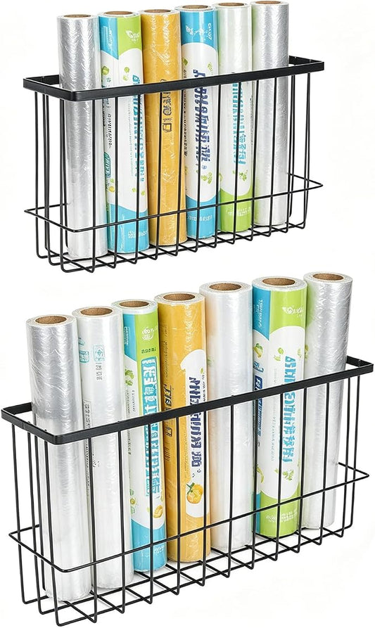 2 Pack Magnetic Aluminum Foil and Plastic Wrap Organizer,Wall Mounted Cabinet Door Organizer,Kitchen Pantry Organizers and Storage,Wrapping Paper Shelf for Sandwich, Freezer, Ziplock Bag, Black