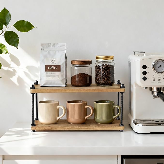 Mkono Coffee Station Organizer Wooden Mug Holder for Countertop Cup and Mug Shelf for Coffee Bar Accessories Rustic Matcha Stand 2 Tier Storage and Display Rack for Tea Cups Kitchen Office