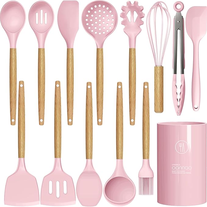 oannao Silicone Kitchen Utensils Set - 446°F Heat Resistant Cooking Utensil Sets, Spatula,Turner,Tongs,Spoon,Whisk, Wooden Handle Silicone Kitchen Gadgets Tools for Non-Stick Cookware BPA Free (Pink)